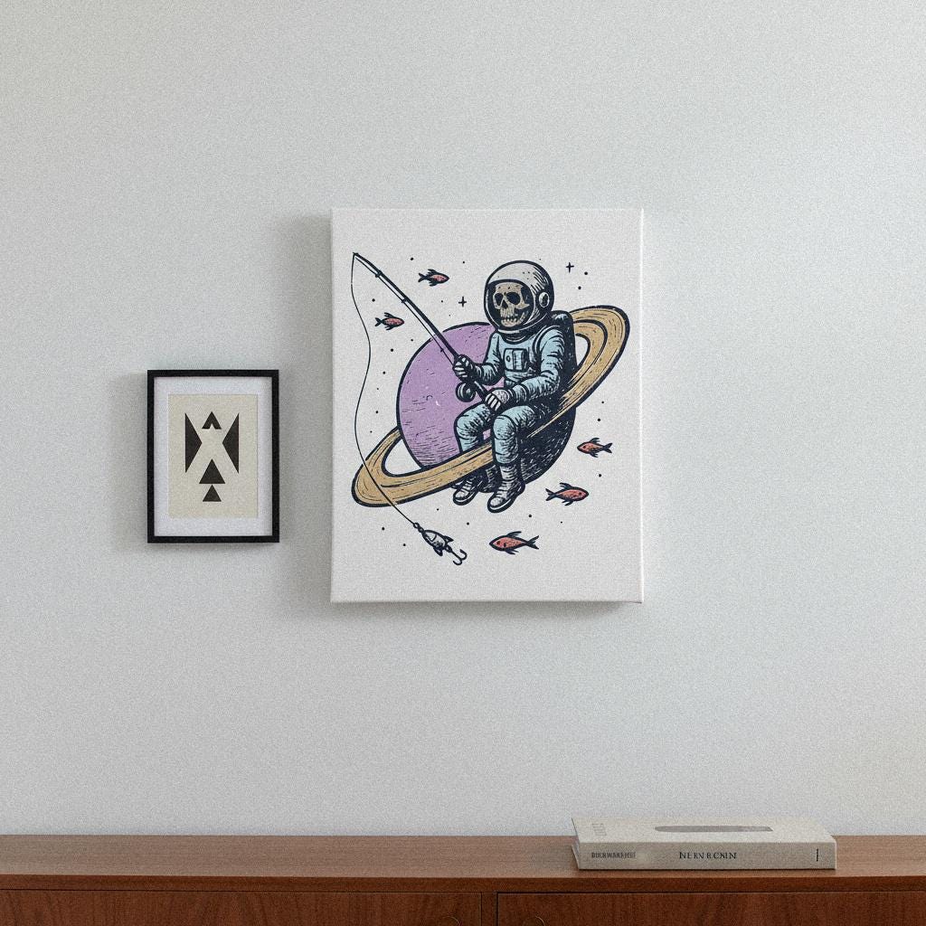 Skull Astronaut PNG, Cosmic Fishing Skeleton Art - 300 DPI Design for