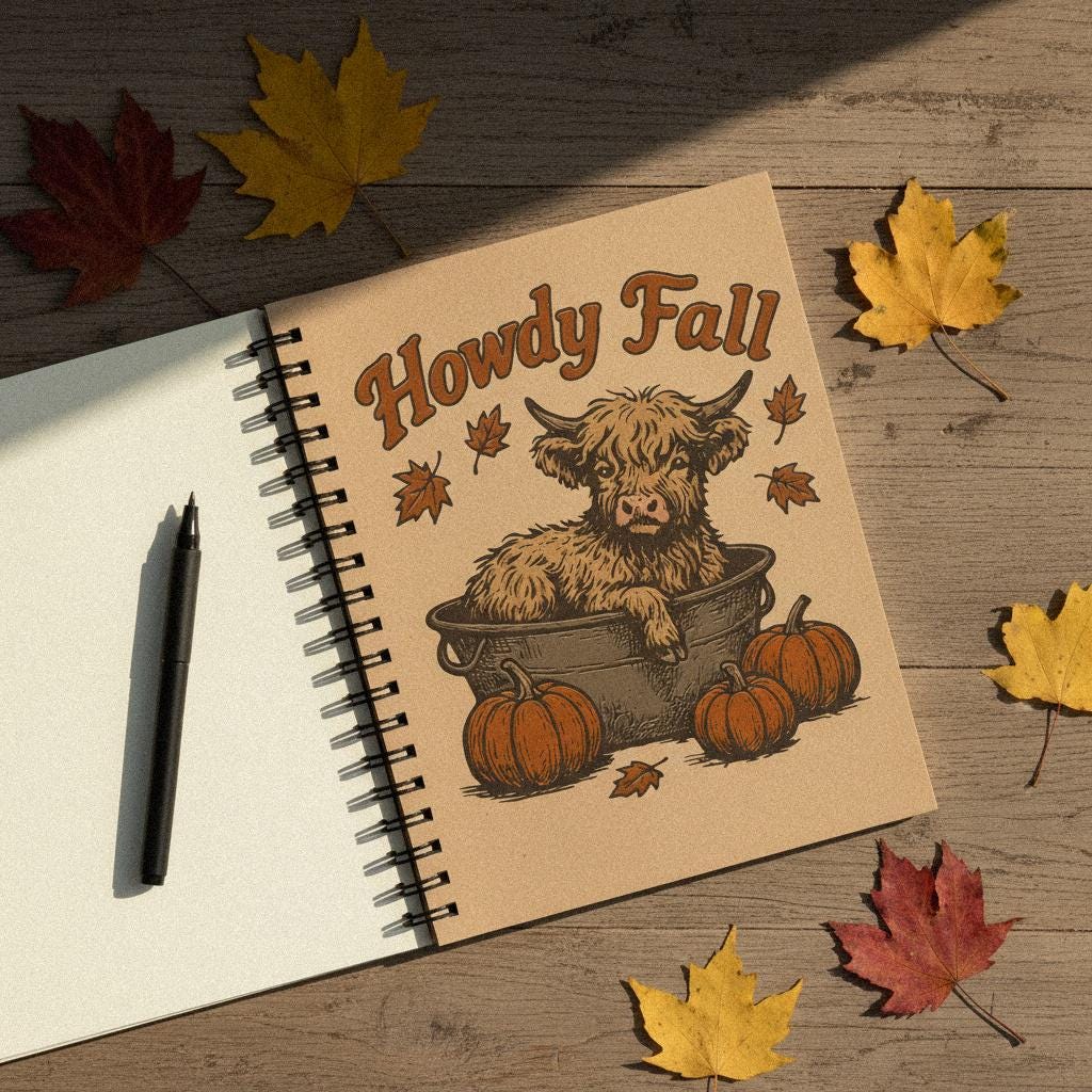 Howdy Fall PNG, Highland Cow Autumn Illustration - 300 DPI Design for