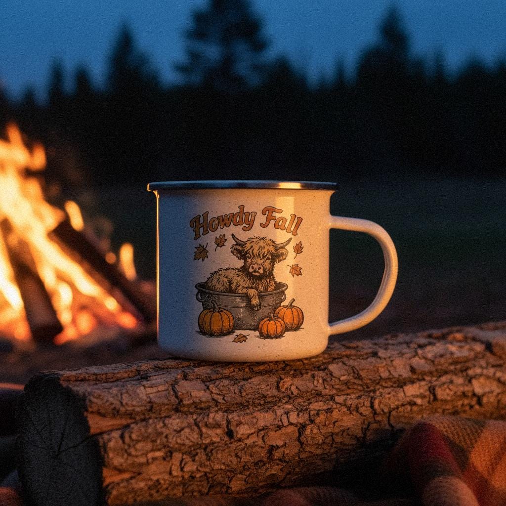 Howdy Fall PNG, Highland Cow Autumn Illustration - 300 DPI Design for