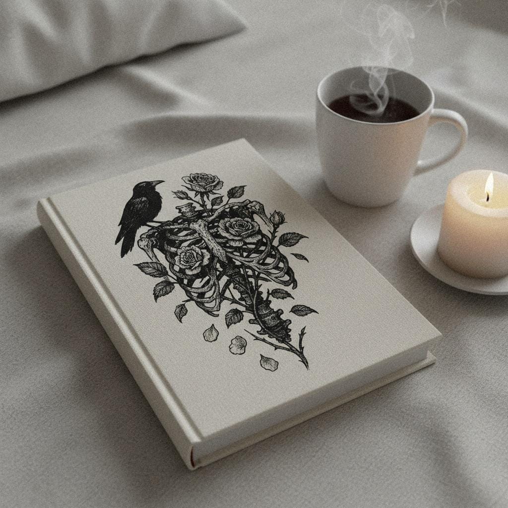 Raven Skeleton with Roses PNG, Gothic Floral Ribcage Digital Download -