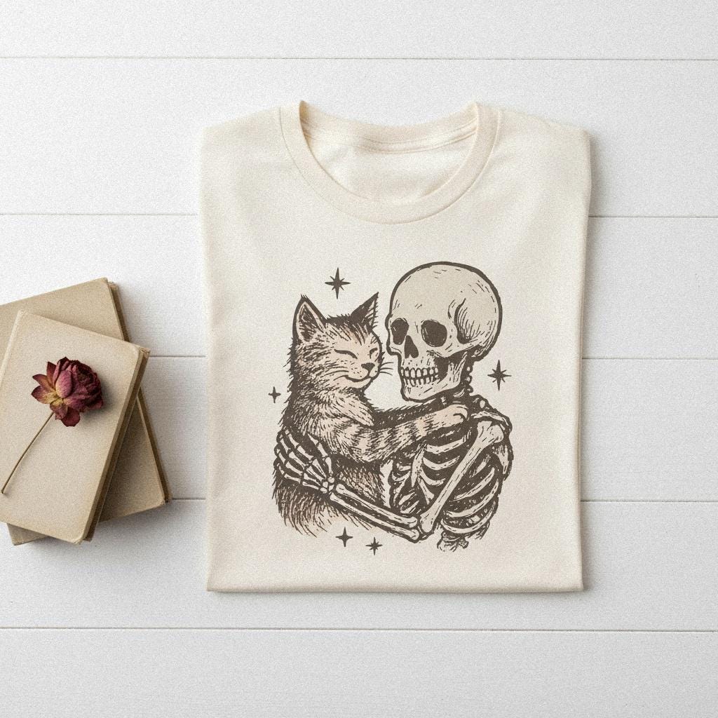 Skeleton Hugging Cat PNG, Cute Halloween Skeleton and Cat Art - 300 DPI