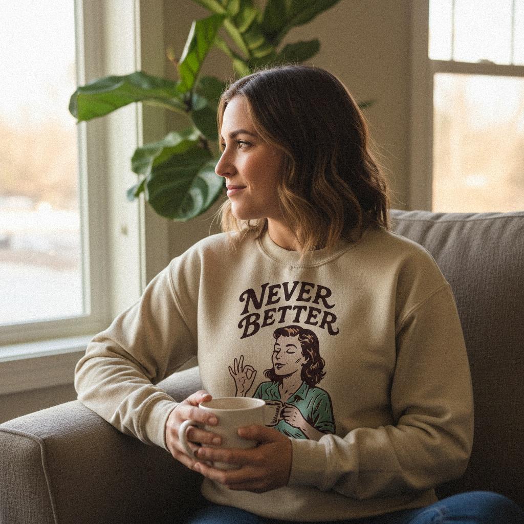 Never Better PNG Retro Coffee Art, Vintage Woman Illustration - 300 DPI