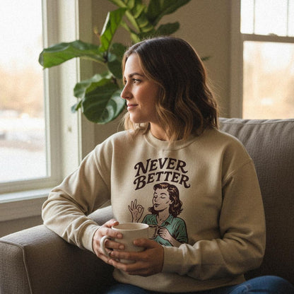 Never Better PNG Retro Coffee Art, Vintage Woman Illustration - 300 DPI