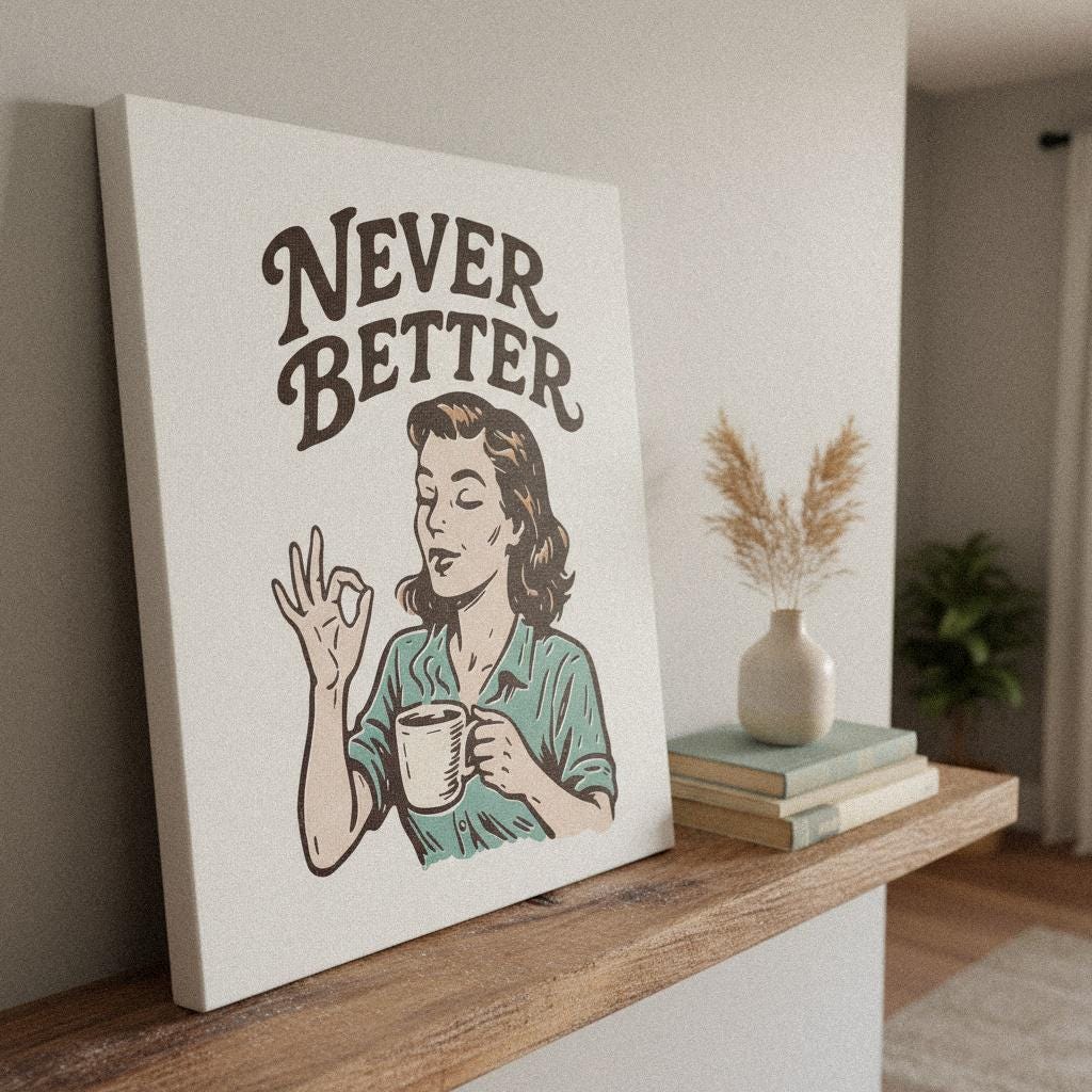 Never Better PNG Retro Coffee Art, Vintage Woman Illustration - 300 DPI