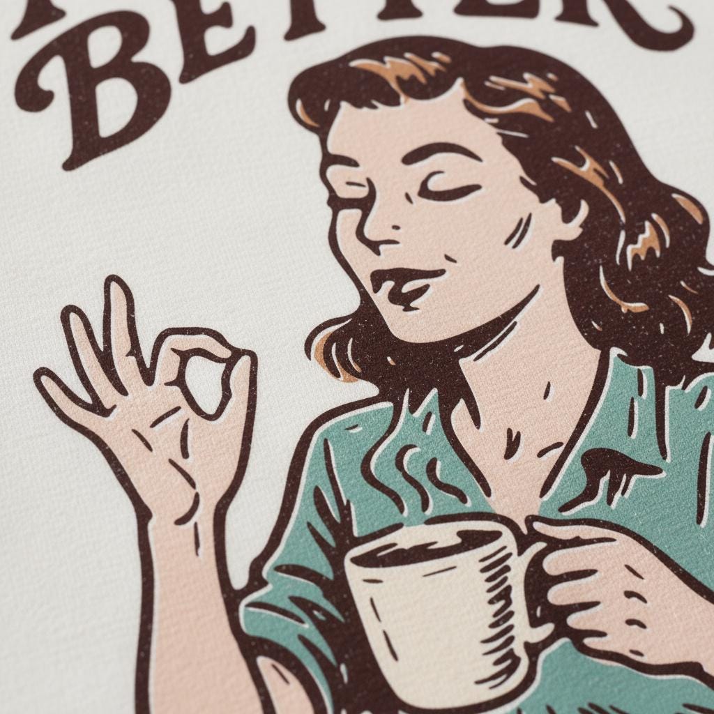 Never Better PNG Retro Coffee Art, Vintage Woman Illustration - 300 DPI