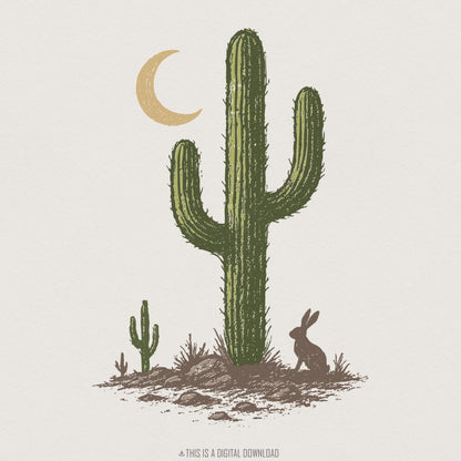 Cactus Moon PNG, Desert Rabbit Digital Print - 300 DPI Design for T-Shirt