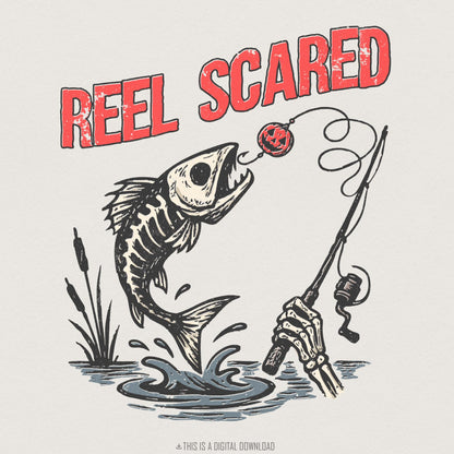 Reel Scared PNG, Skeleton Fishing Clipart - 300 DPI Design for T-Shirt