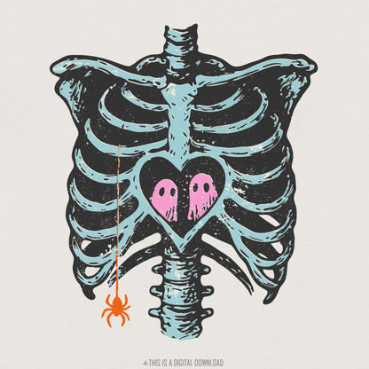 Ghost Love in Ribcage PNG, Skeleton Heart with Spooky Ghosts - 300 DPI