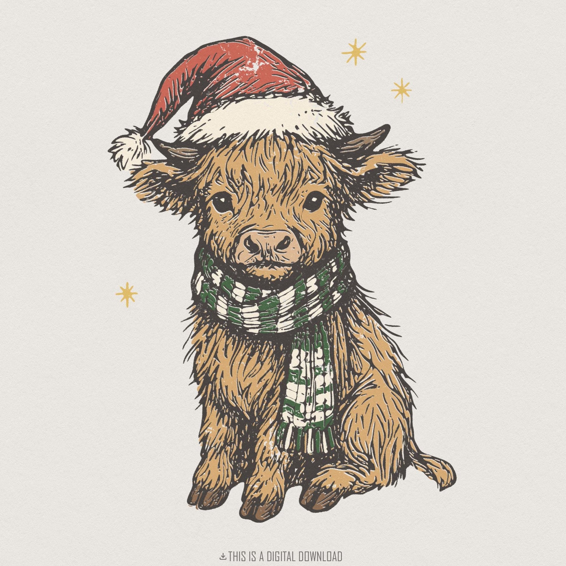 Highland Cow Christmas PNG, Cute Holiday Calf Digital Download - 300 DPI