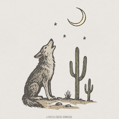 Howling Wolf and Moon PNG, Desert Cactus Boho Western Shirt Design - 300