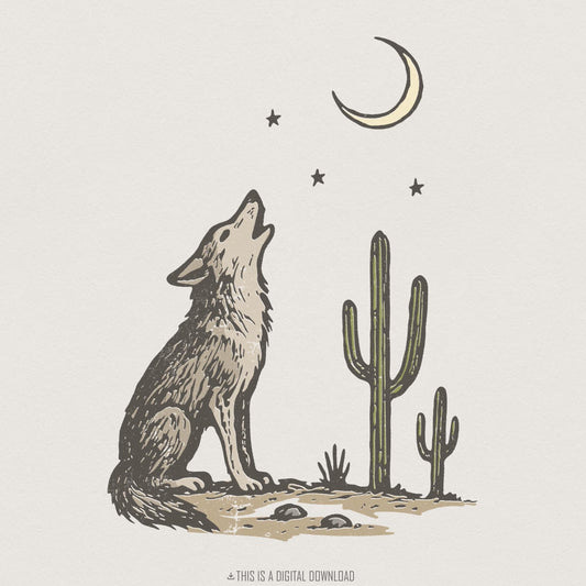 Howling Wolf and Moon PNG, Desert Cactus Boho Western Shirt Design - 300