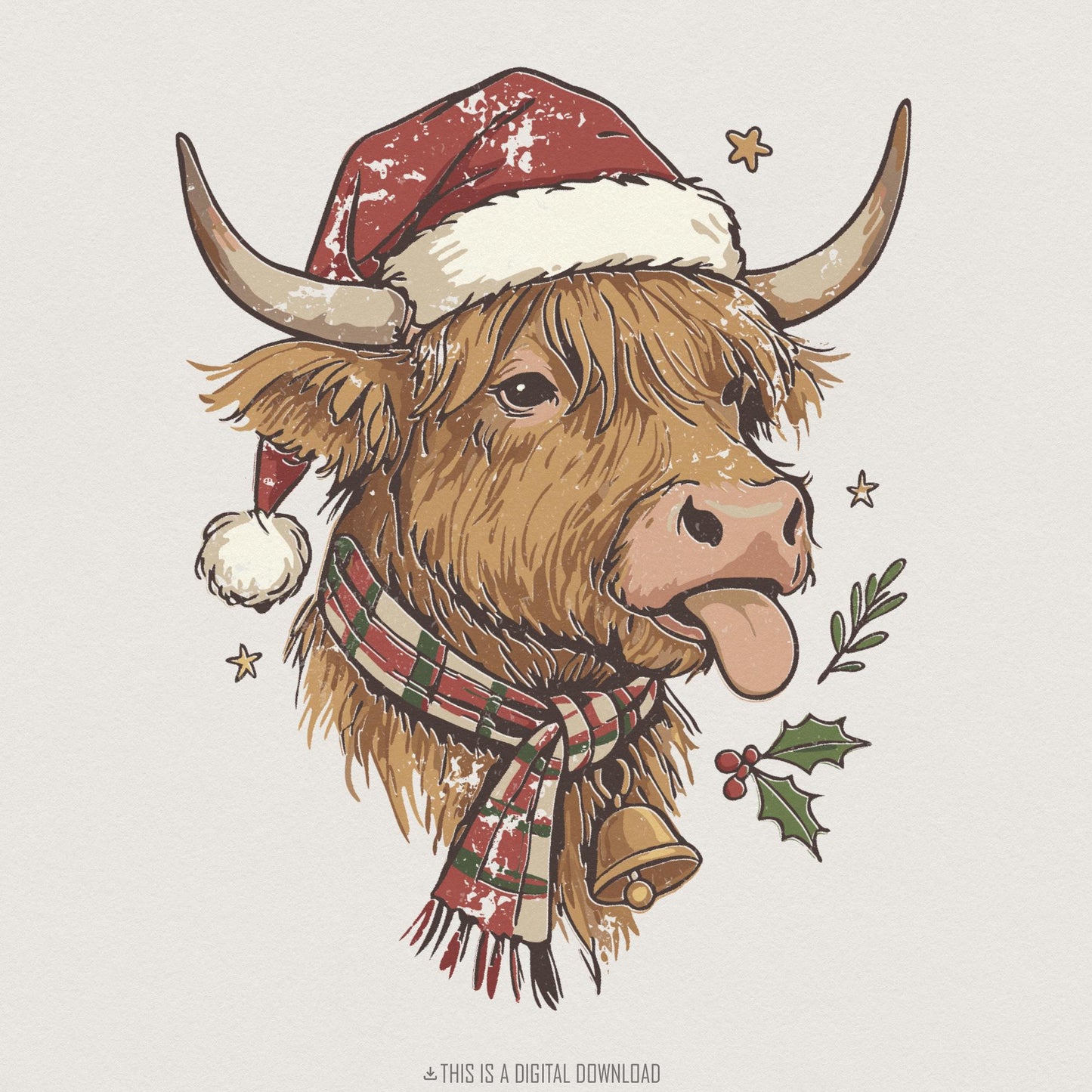 Highland Cow Christmas PNG, Funny Farm Animal Santa Art - 300 DPI Design