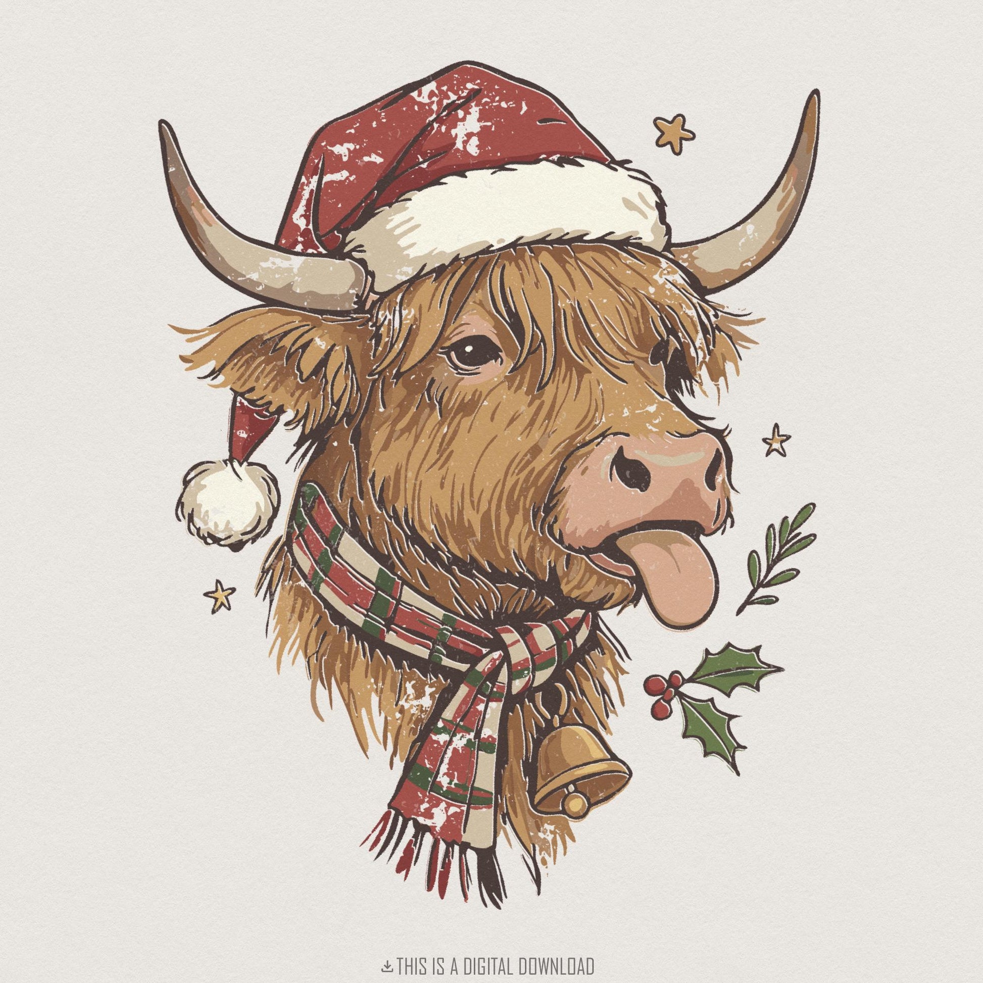 Highland Cow Christmas PNG, Funny Farm Animal Santa Art - 300 DPI Design