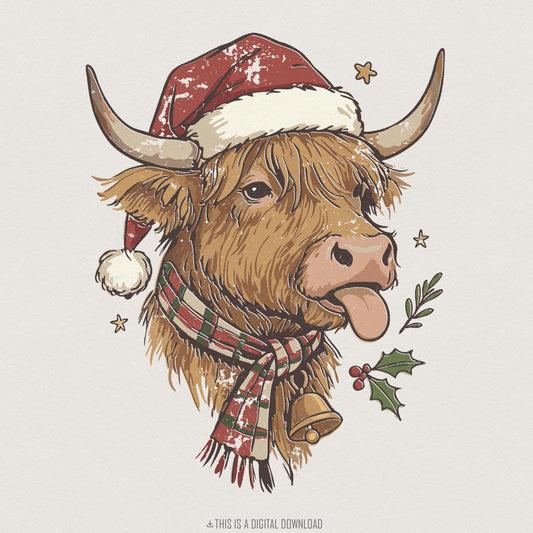 Highland Cow Christmas PNG, Funny Farm Animal Santa Art - 300 DPI Design