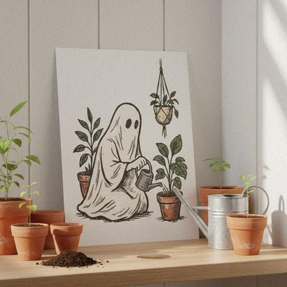 Plant Ghost PNG, Cute Ghost Watering Plants Digital Download - 300 DPI