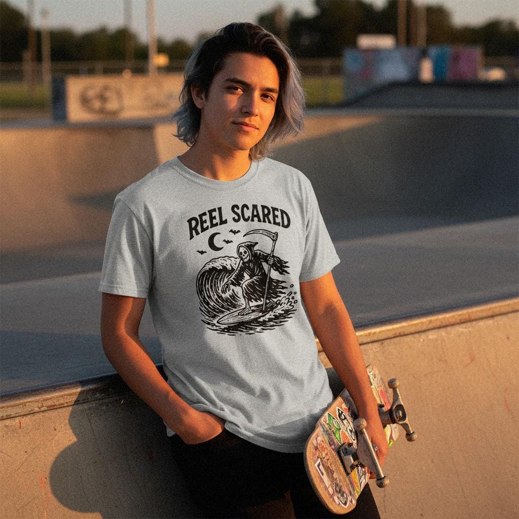 Reel Scared PNG, Grim Reaper Surfing Wave - 300 DPI Design for T-Shirt