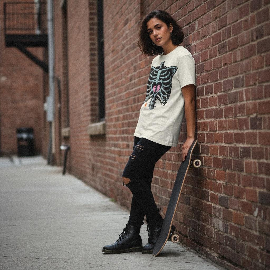 Ghost Love in Ribcage PNG, Skeleton Heart with Spooky Ghosts - 300 DPI