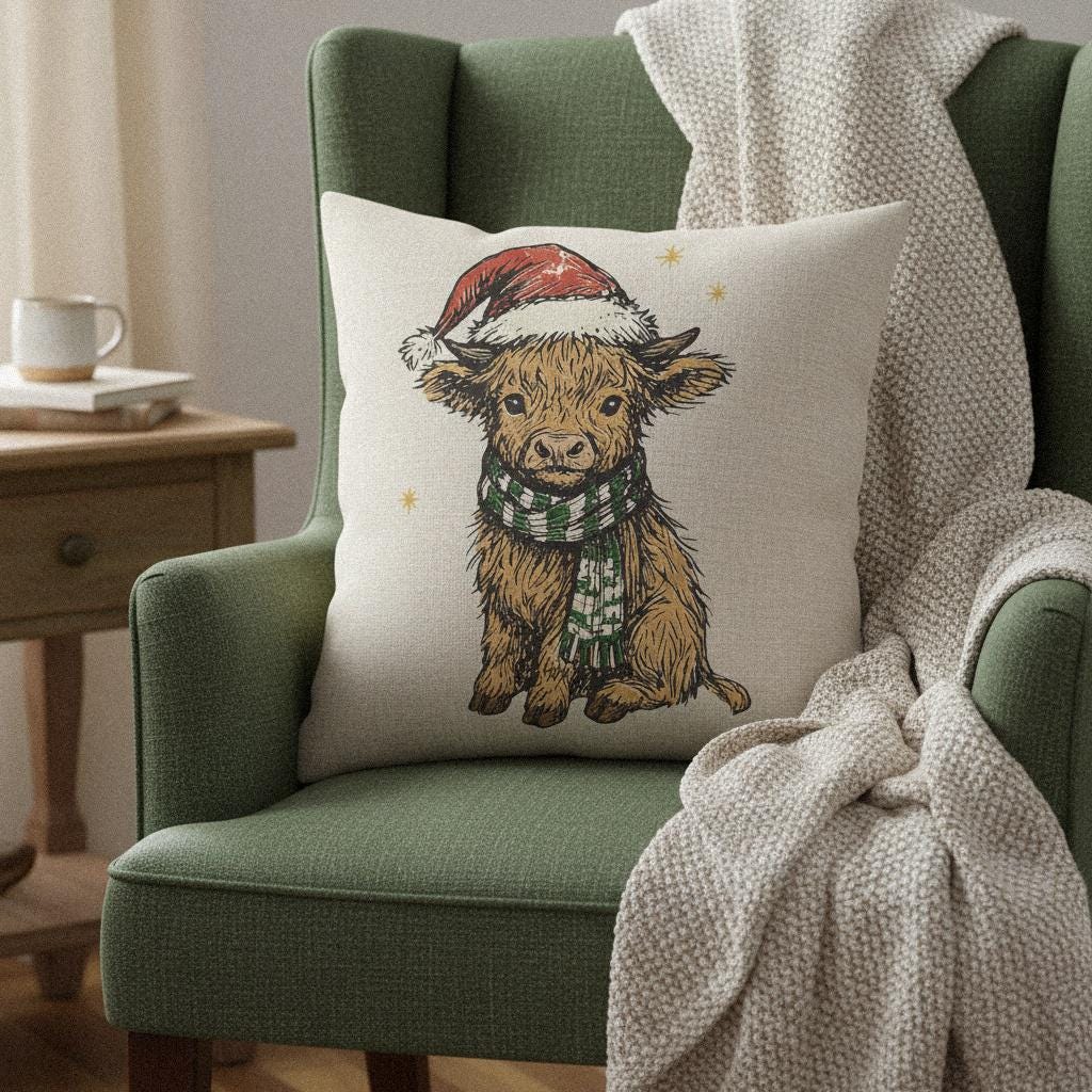 Highland Cow Christmas PNG, Cute Holiday Calf Digital Download - 300 DPI