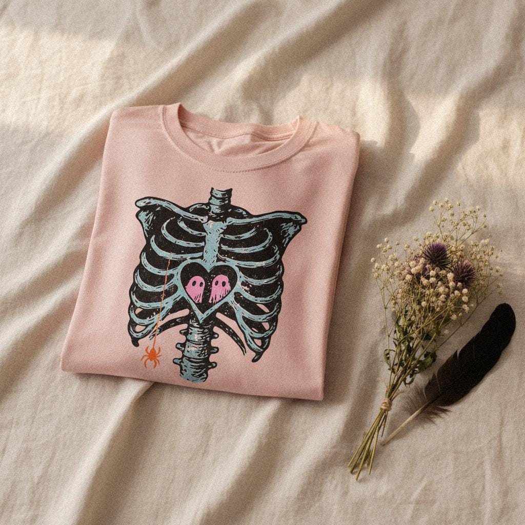 Ghost Love in Ribcage PNG, Skeleton Heart with Spooky Ghosts - 300 DPI