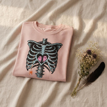Ghost Love in Ribcage PNG, Skeleton Heart with Spooky Ghosts - 300 DPI