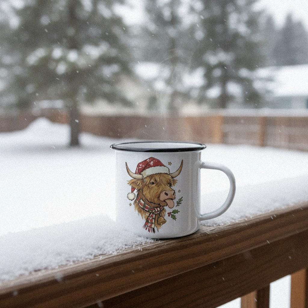 Highland Cow Christmas PNG, Funny Farm Animal Santa Art - 300 DPI Design