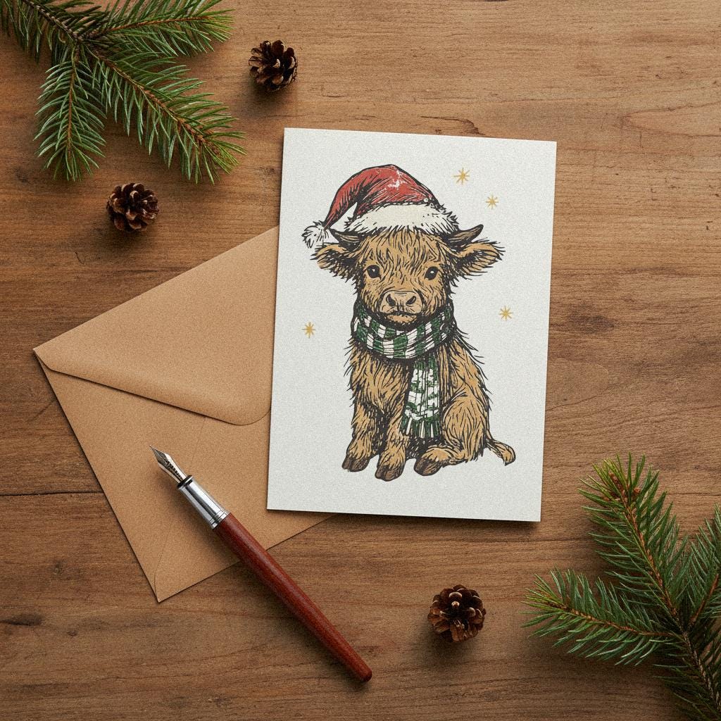 Highland Cow Christmas PNG, Cute Holiday Calf Digital Download - 300 DPI