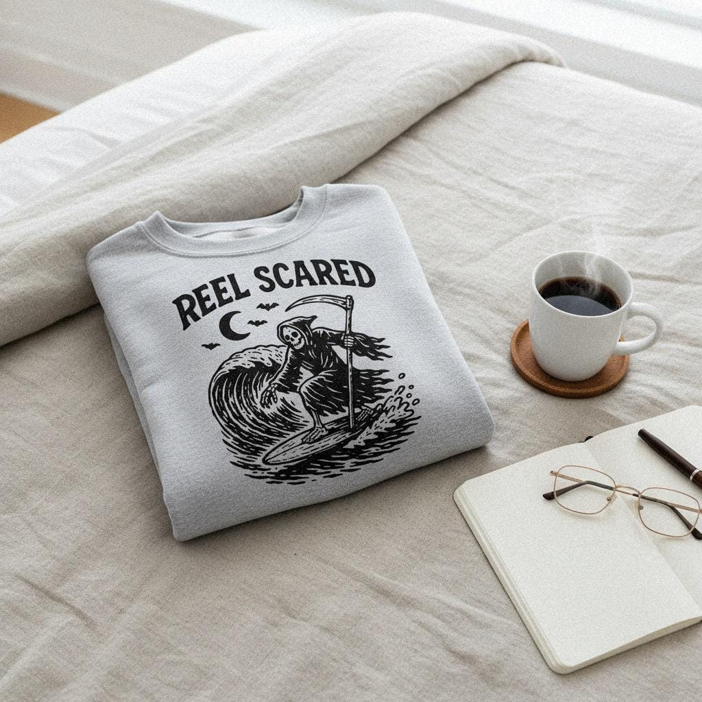 Reel Scared PNG, Grim Reaper Surfing Wave - 300 DPI Design for T-Shirt