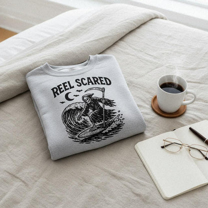 Reel Scared PNG, Grim Reaper Surfing Wave - 300 DPI Design for T-Shirt