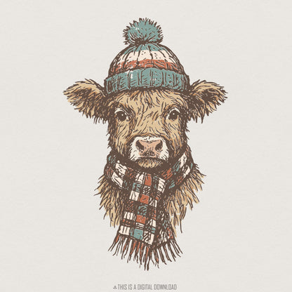 Highland Cow With Winter Hat PNG, Cute Farm Animal Digital Download - 300