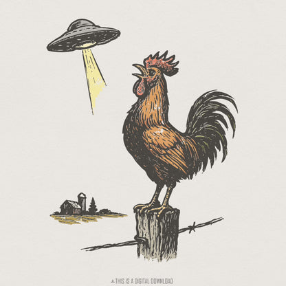 UFO Rooster PNG, Alien Chicken Abduction PNG - 300 DPI Design for T-Shirt