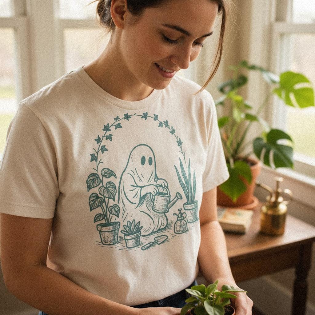 Cute Ghost with Houseplants PNG, Whimsical Garden Decor - 300 DPI Design