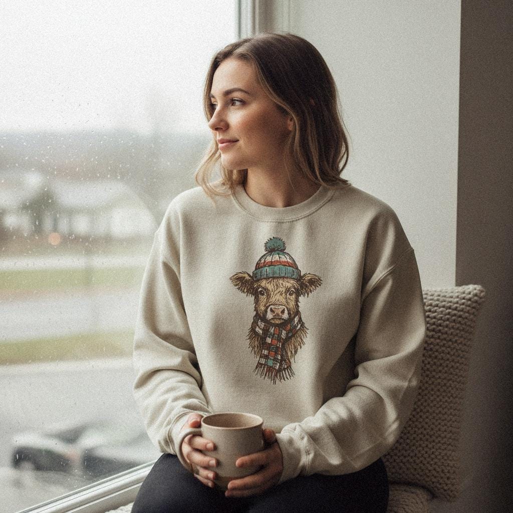 Highland Cow With Winter Hat PNG, Cute Farm Animal Digital Download - 300