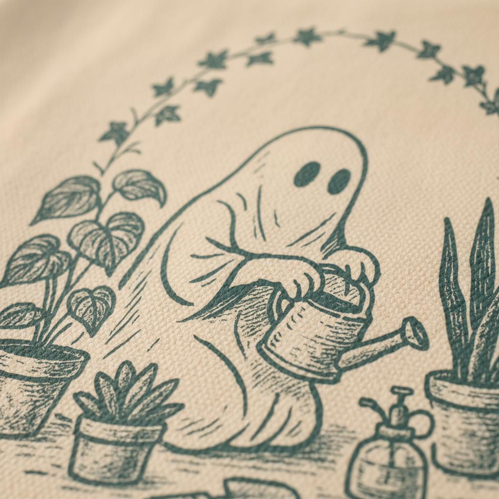 Cute Ghost with Houseplants PNG, Whimsical Garden Decor - 300 DPI Design