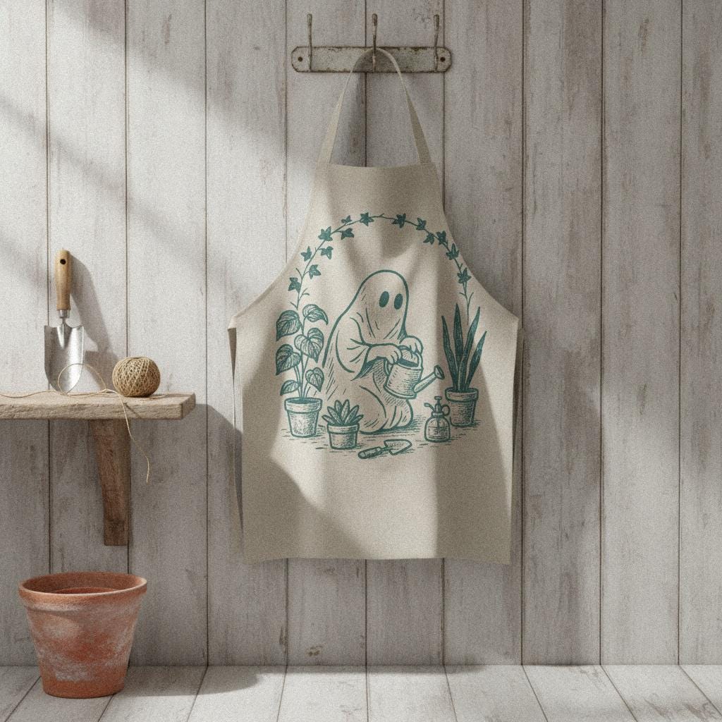 Cute Ghost with Houseplants PNG, Whimsical Garden Decor - 300 DPI Design