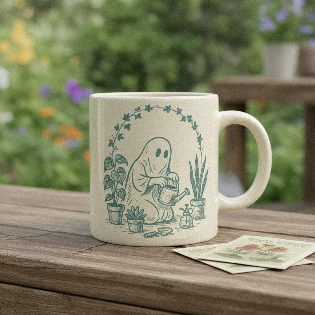 Cute Ghost with Houseplants PNG, Whimsical Garden Decor - 300 DPI Design
