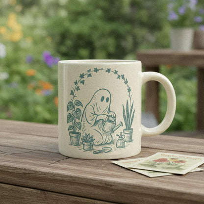 Cute Ghost with Houseplants PNG, Whimsical Garden Decor - 300 DPI Design
