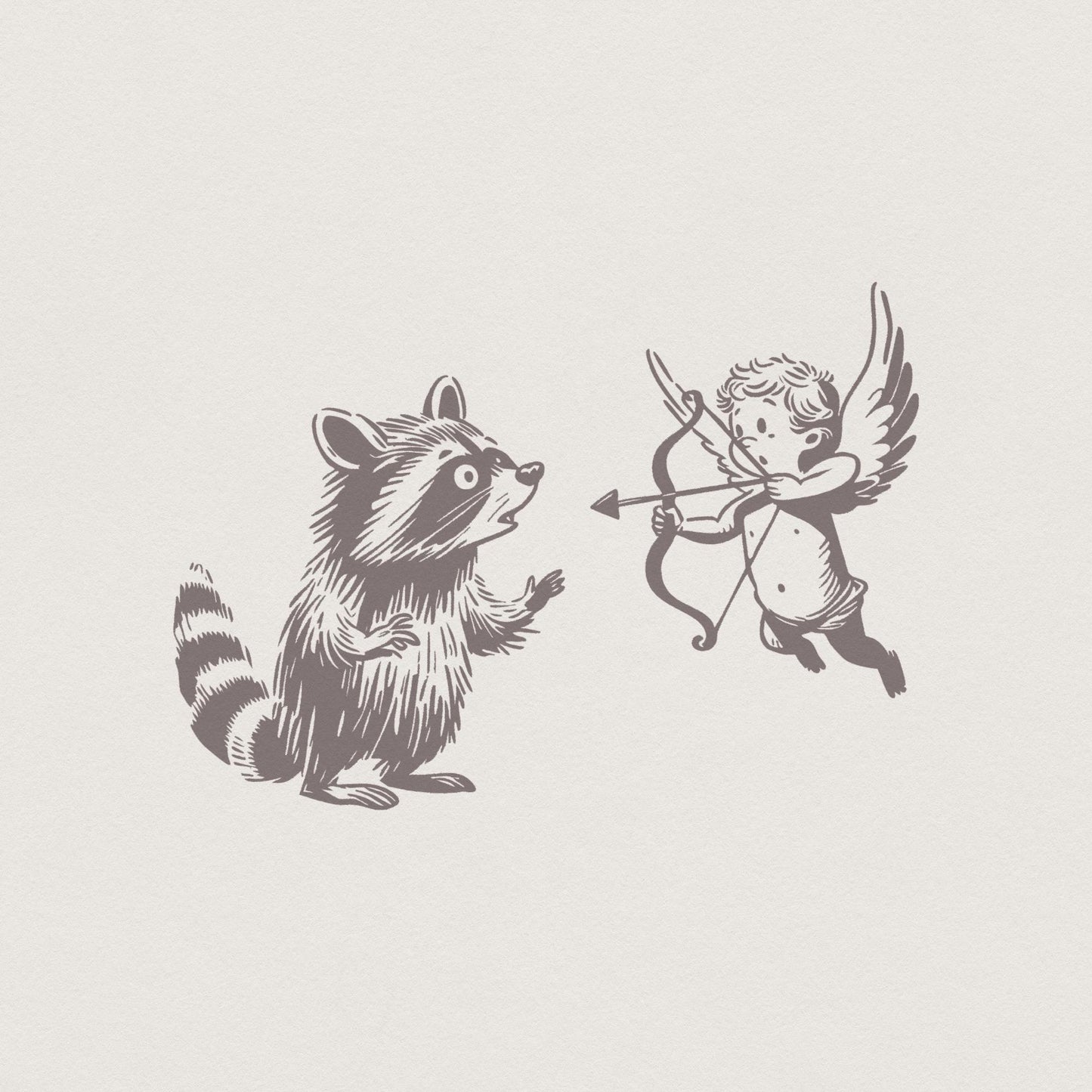 Whimsical Raccoon and Cupid Illustration, Playful Angelic Mischief - 300