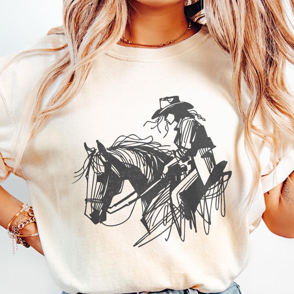 Cowgirl on Horseback PNG, Minimalist Western Rider - 300 DPI Design for