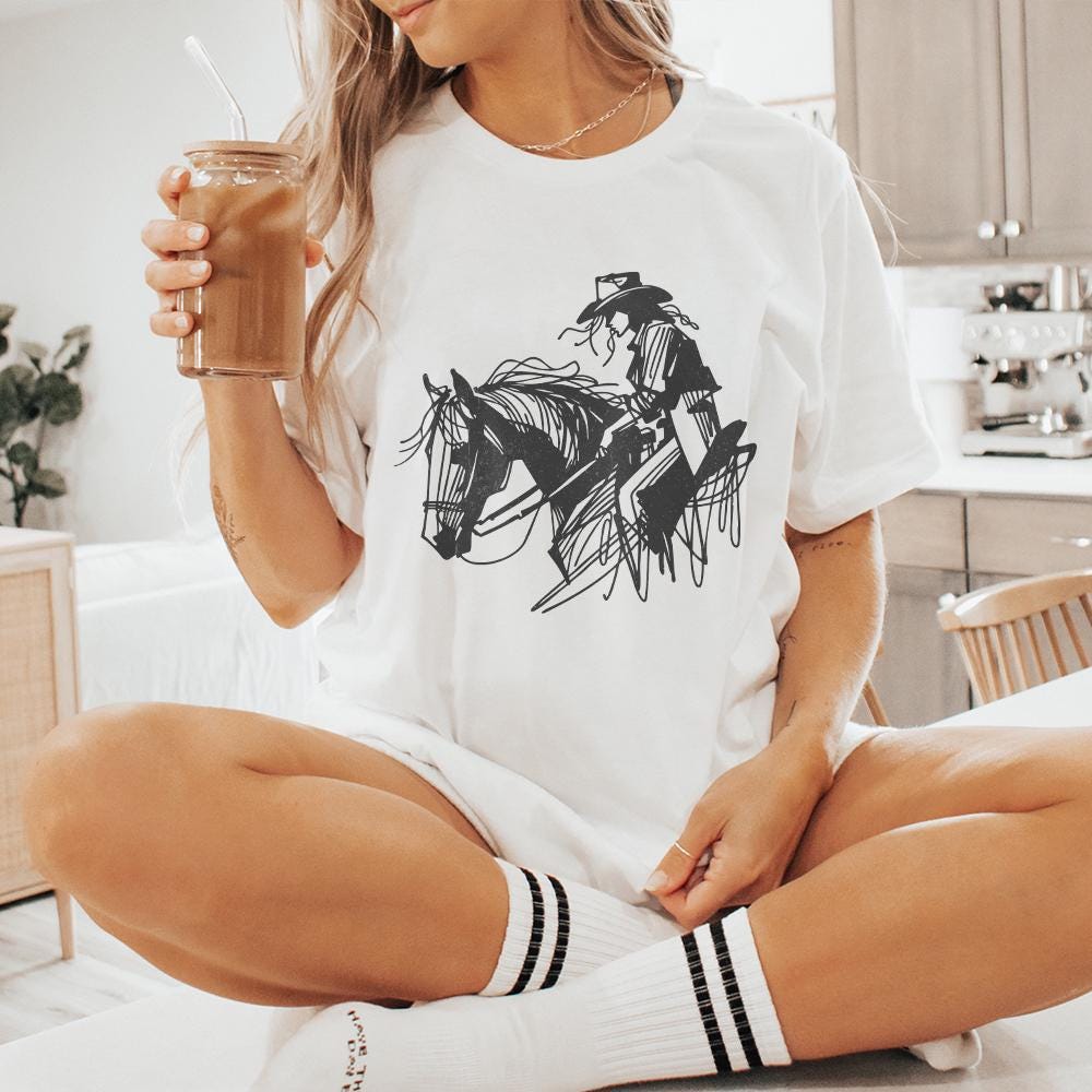 Cowgirl on Horseback PNG, Minimalist Western Rider - 300 DPI Design for