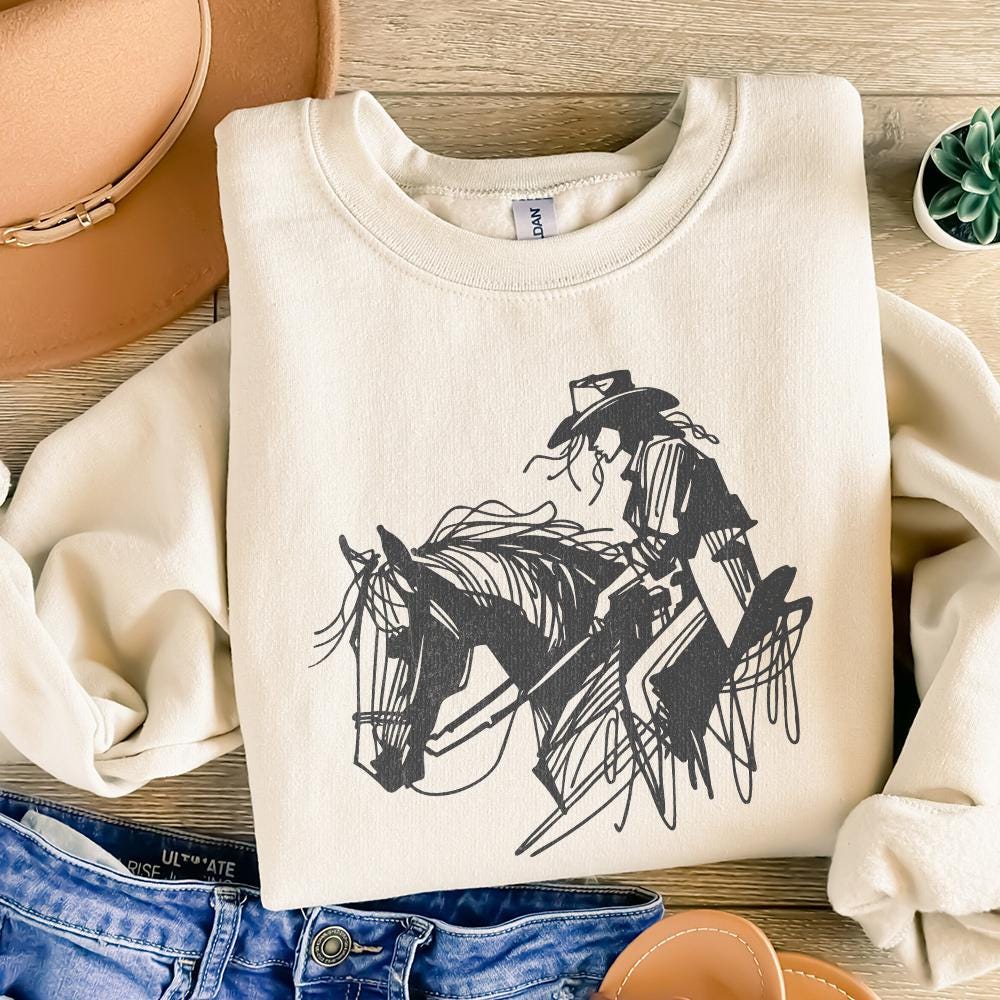 Cowgirl on Horseback PNG, Minimalist Western Rider - 300 DPI Design for