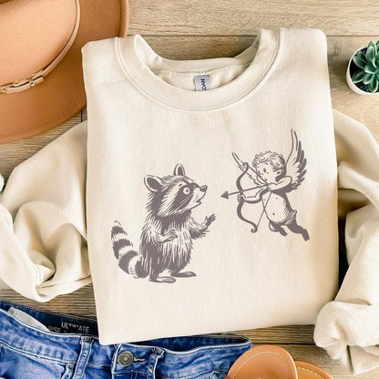 Whimsical Raccoon and Cupid Illustration, Playful Angelic Mischief - 300
