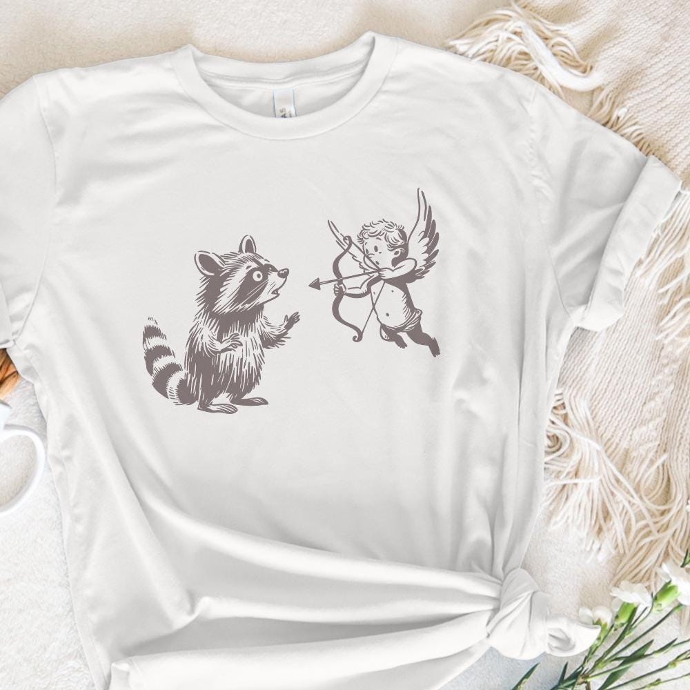 Whimsical Raccoon and Cupid Illustration, Playful Angelic Mischief - 300