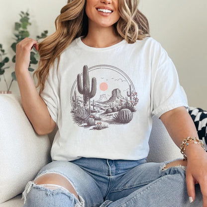 Serene Desert Landscape Illustration, Southwestern Cactus Art - 300 DPI