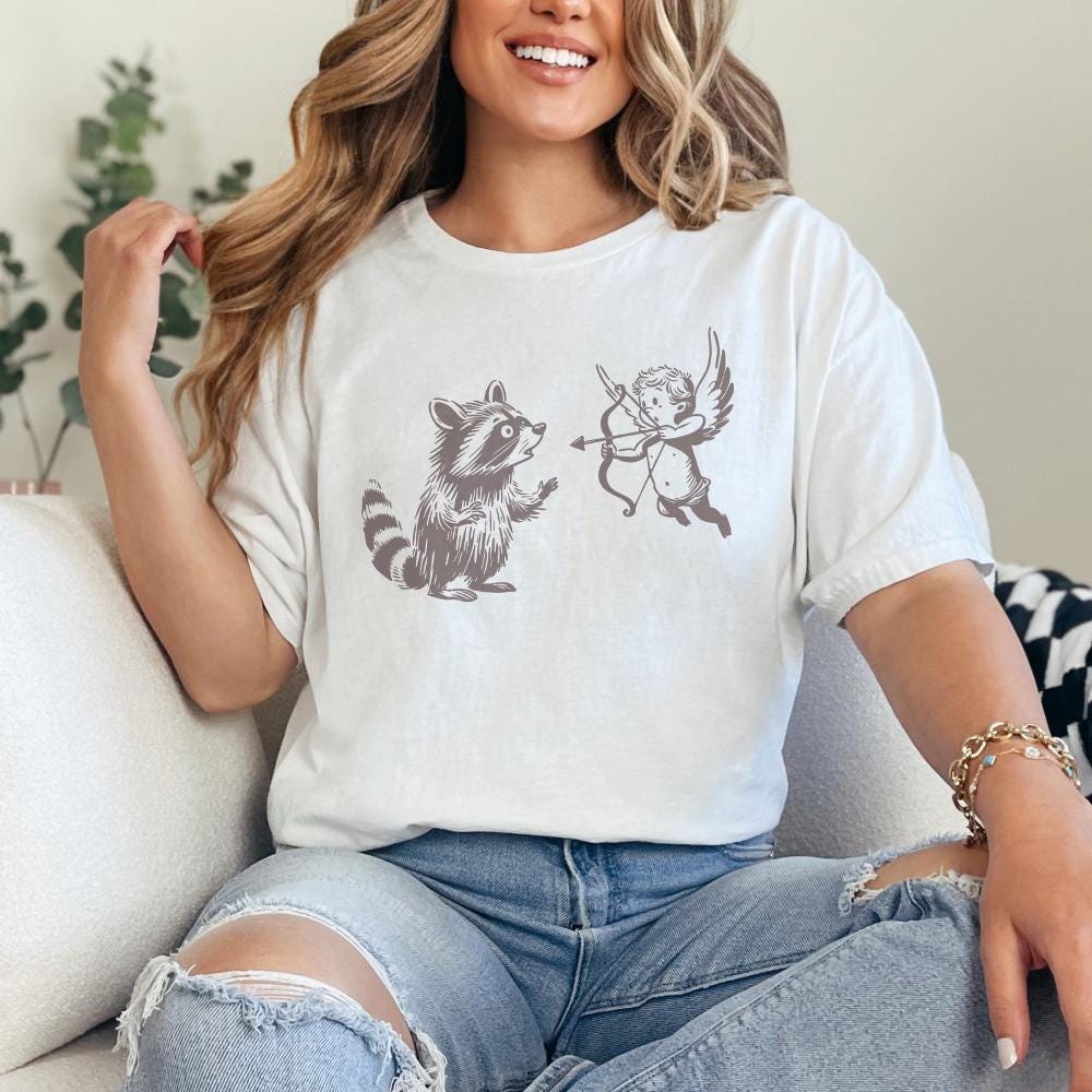 Whimsical Raccoon and Cupid Illustration, Playful Angelic Mischief - 300