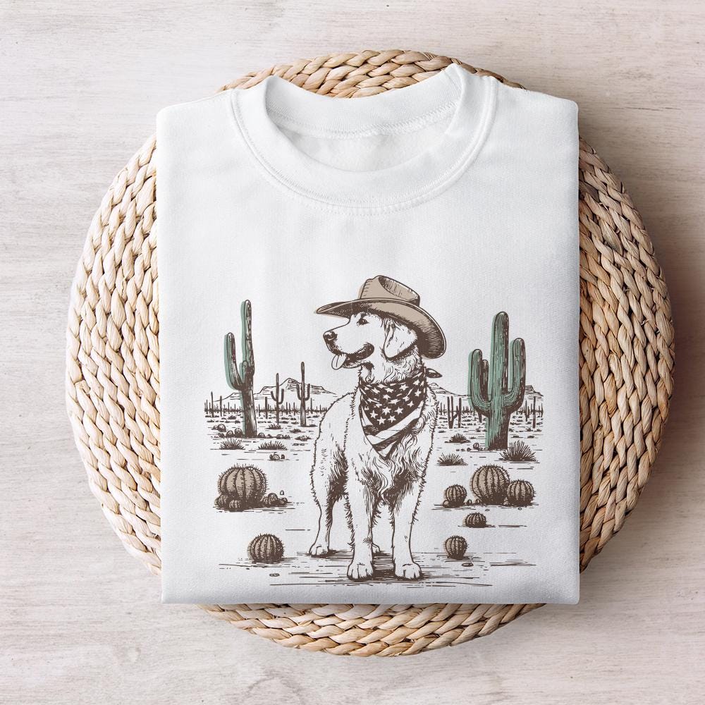 Cowboy Dog in Desert Illustration, Western Canine Art - 300 DPI Design