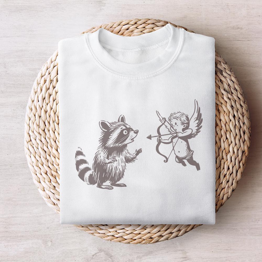 Whimsical Raccoon and Cupid Illustration, Playful Angelic Mischief - 300