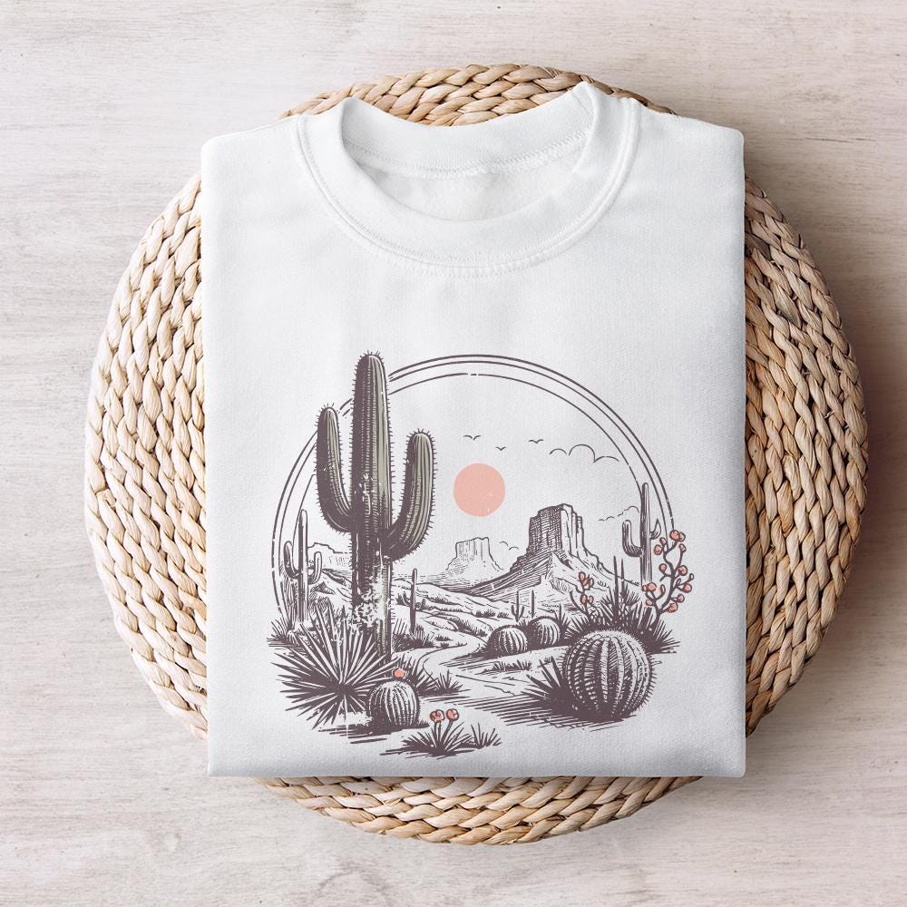Serene Desert Landscape Illustration, Southwestern Cactus Art - 300 DPI