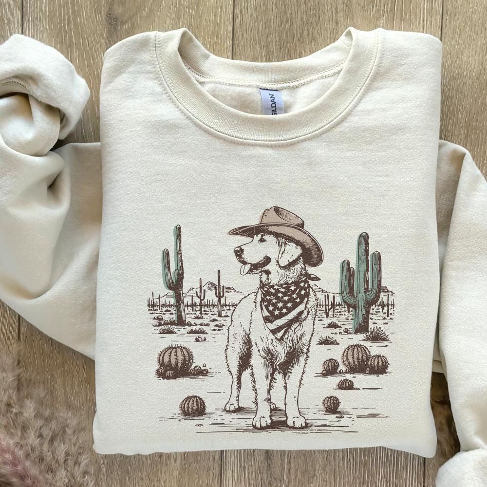 Cowboy Dog in Desert Illustration, Western Canine Art - 300 DPI Design