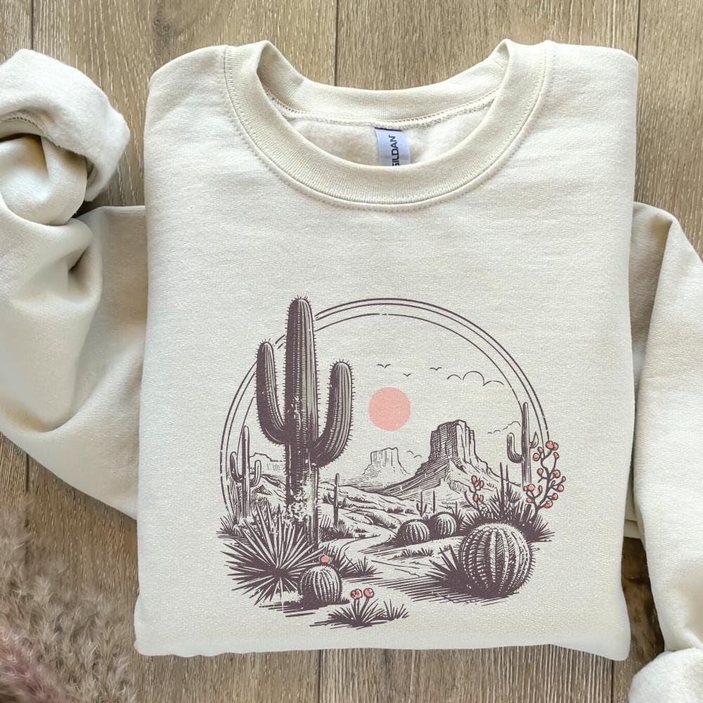 Serene Desert Landscape Illustration, Southwestern Cactus Art - 300 DPI