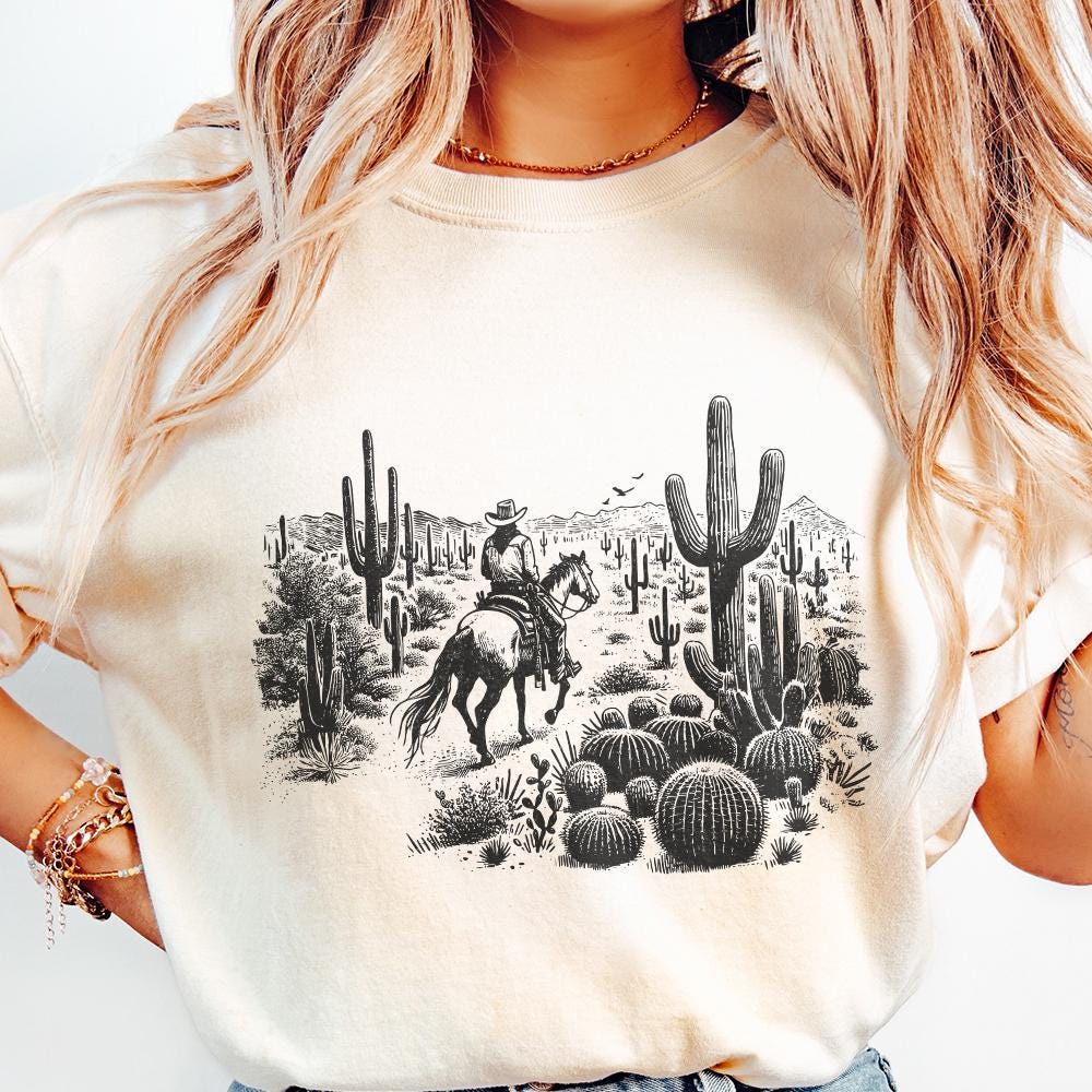 Vintage Cowboy in Desert Illustration, Retro Western Cowboy - 300 DPI